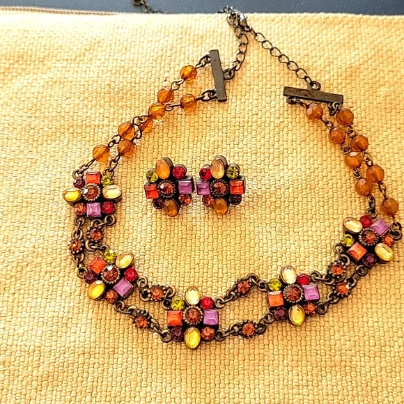 Multi gem pierced earrings and choker set - Picture 2 of 10